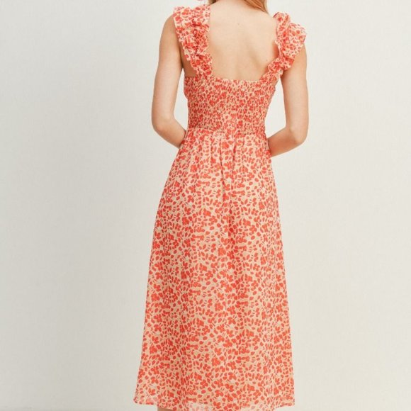 New Boho Ruffled Strap Floral Printed Midi Dress with Sweetheart Neckline - Picture 5 of 5